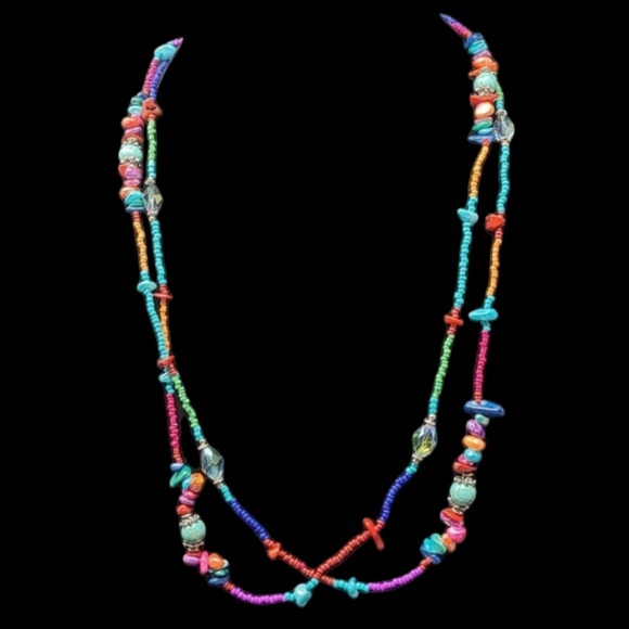 MULTI COLORED SINGLE STRAND STONE AND CZECH GLASS BEADS 62" LONG NECKLACE - Picture 2 of 7